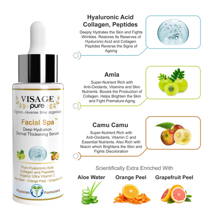 Facial Spa"Dermal Thickening" Serum - Organic - Physician Formulated - Research Supported - Extra Nutrient and Vitamin C Charged Blend of Collagen, Hyaluronic Acid and Peptides