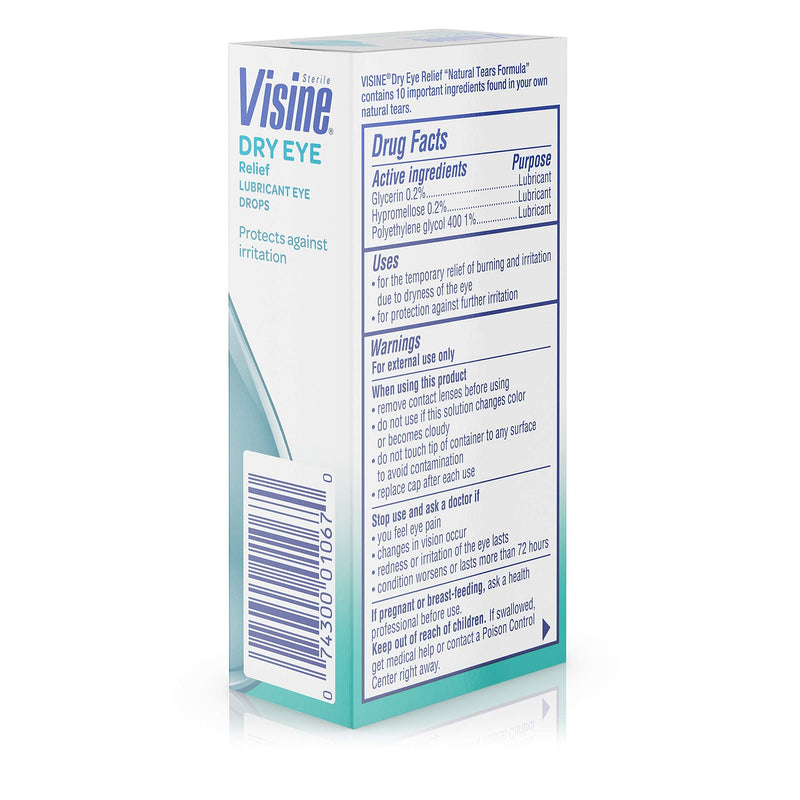 Visine Dry Eye Relief Lubricant Eye Drops with Polyethylene Glycol 400 to Moisturize and Soothe Irritated, Gritty and Dry Eyes, Designed to Work Like Real Tears, 0.5 fl. oz 0.5 Fl Oz (Pack of 1)