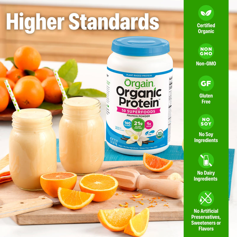Orgain Organic Vegan 21g Protein + Superfoods Powder, Vanilla Bean, 2.02lb | Plant based protein, 50 superfoods, 8g prebiotic fiber, gluten free, no added sugar, non-GMO, no lactose ingredients 2.02 Pound (Pack of 1)