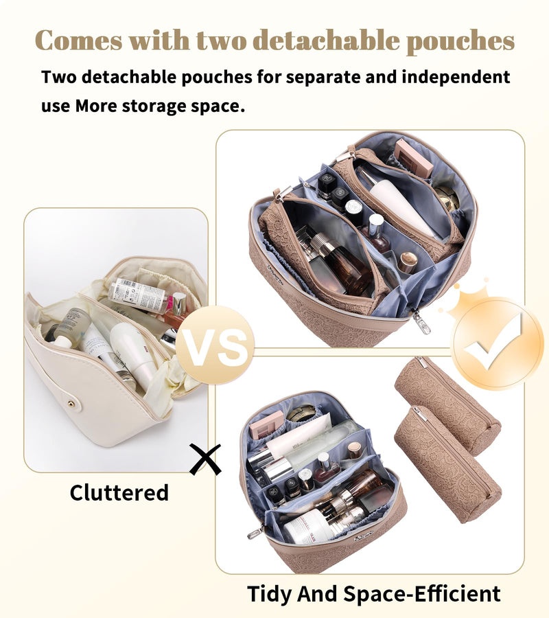 BOYATU Travel Makeup Bags Cosmetic Organizer Bag: 3-Set Large Capacity Make up Bag - PU Leather Toiletry Bags for Women - Wide Open Portable Pouch with Divider & Handle (A-Tan) A-Tan