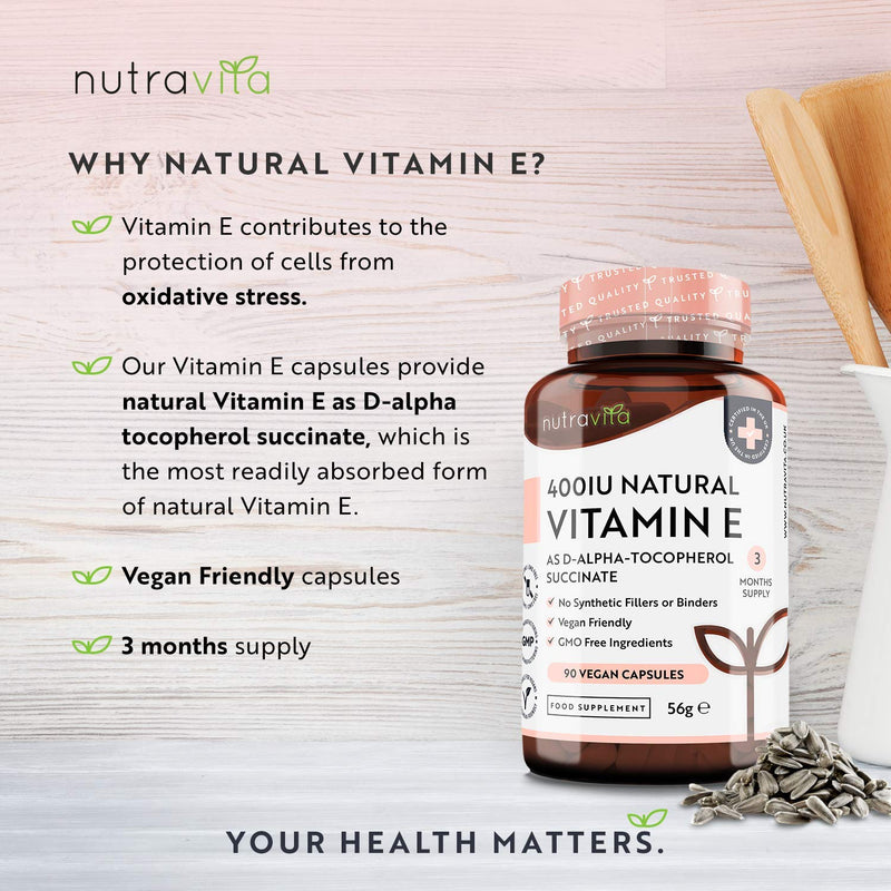 [Australia] - Vitamin E 400IU D-Alpha Tocopherol - 100% natural vitamin E - 90 vegan capsules - highly absorbable - 3 month supply - protects cells from oxidative stress - Manufactured by Nutravita 