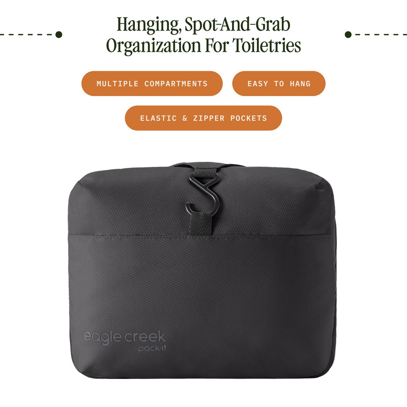 Eagle Creek Pack-It Hanging Toiletry Kit, Black | Dual Compartment Toiletry Kit for Keeping Small Items Organized, Water-Resistant, Top Grab Handle, Zipper Pouch