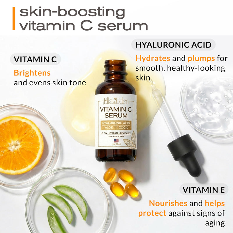 Vitamin C Serum for Face with Hyaluronic Acid, CoQ10 & Aloe Vera, 1 Fl Oz | Vitamin E, CoQ10, Anti-Aging & Skin Brightening, USA Made, Paraben-Free, Fragrance-Free, 1 Fl Oz