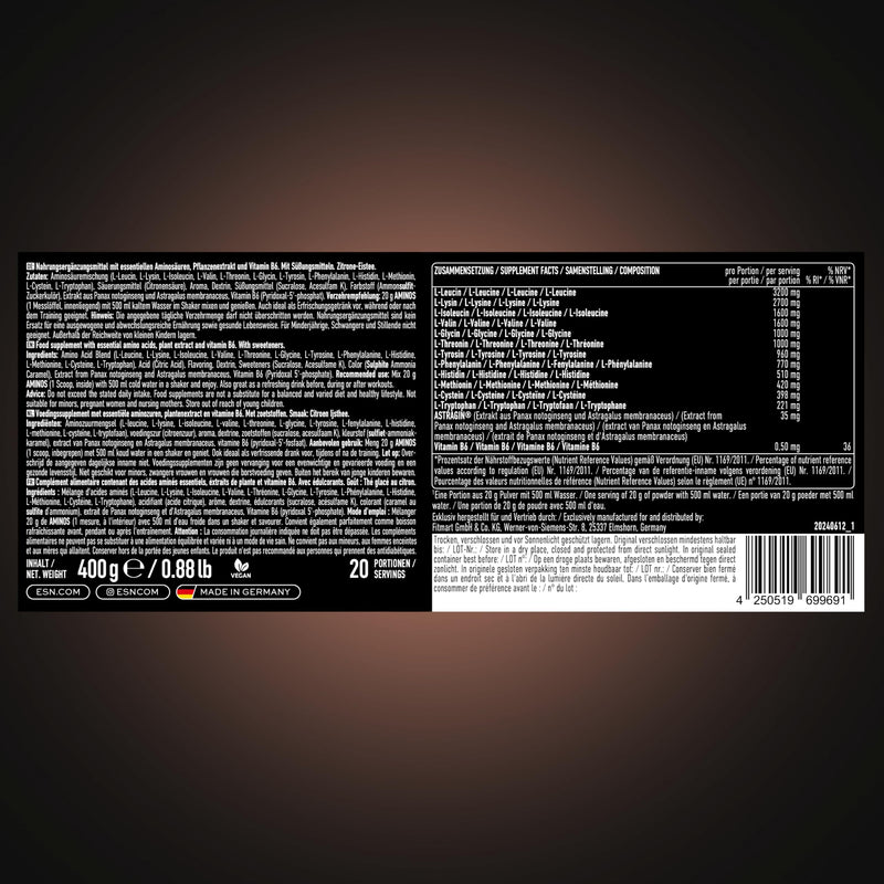 [Australia] - ESN AMINOS, Peach Iced Tea, 400 g, fine amino powder with essential amino acids & astragin, 3.2 g leucine per serving, ideal solubility, vegan, tested quality - made in Germany 