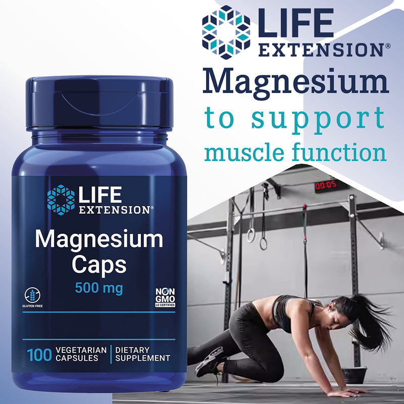 Life Extension, Magnesium Caps, 500mg, 100 Vegan Capsules, high-Strength Minerals Supplement, Gluten-Free, Vegetarian, SOYA-Free, Non-GMO, with Magnesiumcitrate 100 count (Pack of 1)