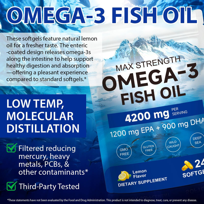 Max Strength Omega 3 Fish Oil - 4200mg per Serving, 240 Lemon Flavored Softgels | High Potency 1200mg EPA + 900mg DHA | Wild-Caught Norwegian Source | Enteric Coated, Burpless & Non-GMO
