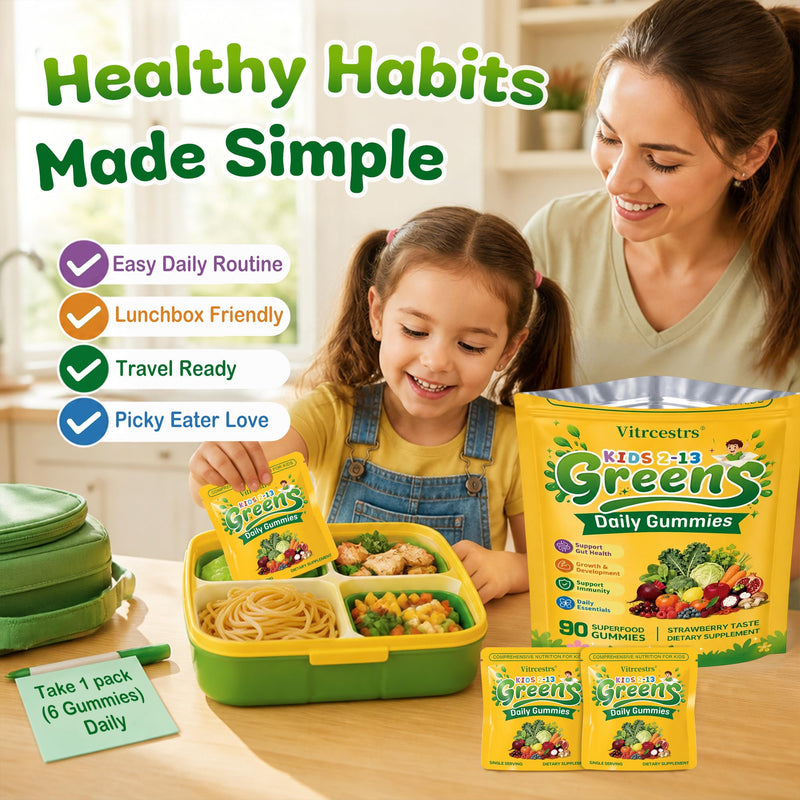 Greens Daily Gummies for Kids, Super Greens Gummies Kids Superfood Multivitamin Gummies with Fruits & Veggies, Alfalfa, Spirulina, Chlorella, Adaptogens, Prebiotic Fiber for Digestive Health, 90 Count