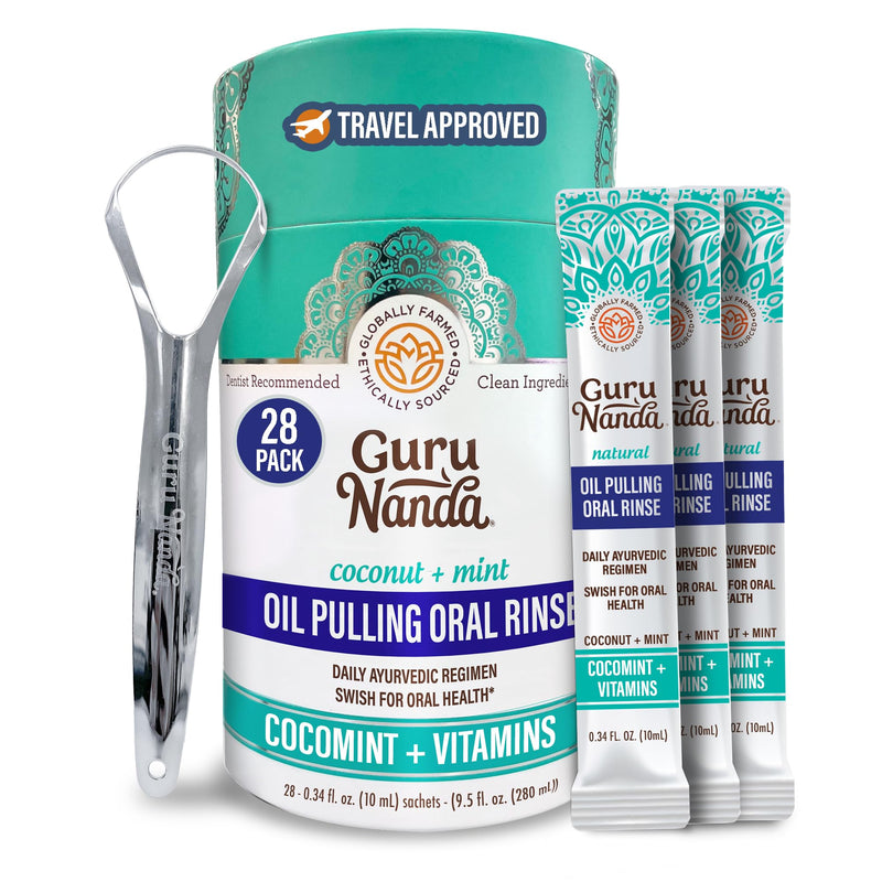 GuruNanda Travel Sachets Coconut Oil Pulling, Fresh Breath Mouthwash, 7 Essential Oils & Vitamins for Happy Teeth & Gums, with Tongue Scraper, 28 Sachets 0.4 Fl Oz (Pack of 28)