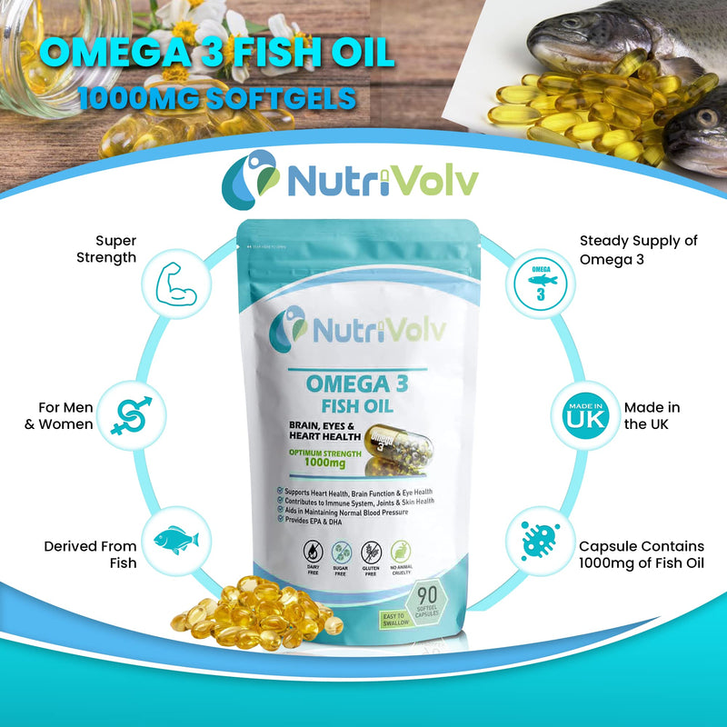 Nutrivolv Ultra Purified Omega 3 Fish Oil Capsules With Essential Fatty Acids EPA & DHA Supports Heart, Eye & Brain Health | 90 Softgel Capsules 90 count (Pack of 1)