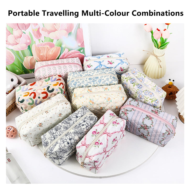 AMAZBEE Makeup Bag Bulk for Purse 14 PCS Quilted Organizer Pencil Bag with Zipper Floral Cosmetic Bags for Travel Separation