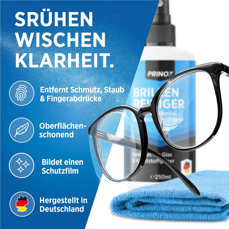 [Australia] - PRINOX® glasses cleaner set 250ml with microfiber glasses cleaning cloth - glasses cleaner with microfiber cloth for all glasses to prevent grease stains and fingerprints on the glasses 