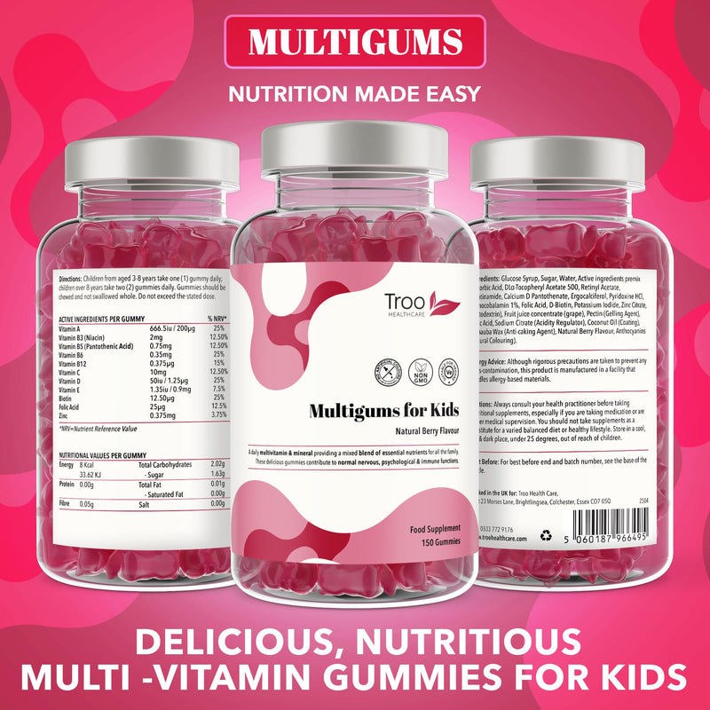Troo Health Care Multigums for Kids - 150 Natural Berry Chewable Gummies | Multivitamin & Mineral Gummies - Vegan, Non-GMO Includes Vitamins A, B3, B5, B6, B12, C, D2, E, Biotin, Folic Acid & Zinc 1 count (Pack of 1)