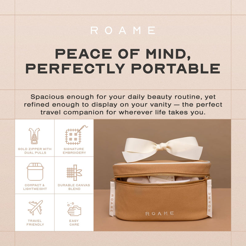 Everyday Vanity Makeup Bag, Canvas Case with Handle, White/Brown | Structured Wide-Opening Design, Smooth Zipper, Wipe-Clean Lining, Ivory Ribbon Details, for Cosmetics, Toiletries & Travel