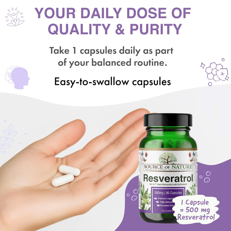 Trans-Resveratrol 500 mg | 90 Vegan Capsules | High Strength | 98% Purity | Naturally Fermented | with Piperine | Lab Tested | Premium Quality 90 count (Pack of 1)