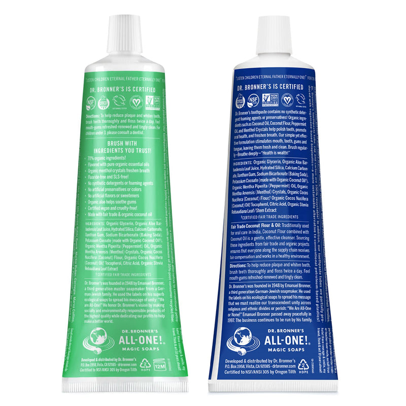 [Australia] - Dr. Bronner’s - All-One Toothpaste Variety Pack - Peppermint & Spearmint, 70% Organic Ingredients, Fluoride-Free, Helps Freshen Breath, Vegan (5oz, 4-Pack) 5 Ounce (Pack of 4) 
