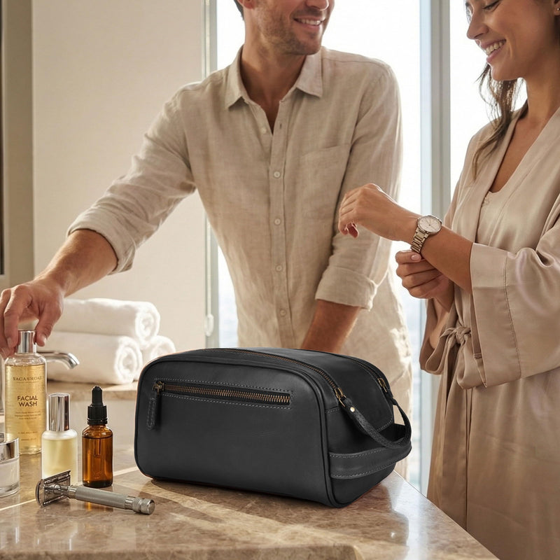 Full Grain Leather Toiletry Bag for Men & Women – Water-Resistant Travel Shaving Kit Organizer with YKK Zipper, Spacious Bathroom Grooming & Cosmetic Storage Case - Black