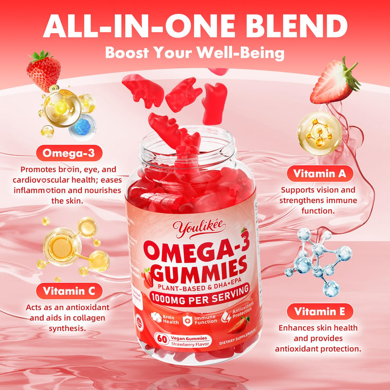 Vegan Omega-3 Gummies, Strawberry Flavor, 60 Count 60 Count (Pack of 1)