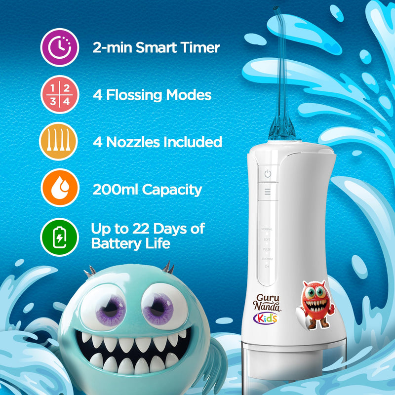 [Australia] - GuruNanda Kids Water Dental Flosser - 4 Flossing Modes, 4 Nozzles, 2-Min Smart Timer, Ages 6+, Monster Frens Theme, Portable Oral Care for Kids 