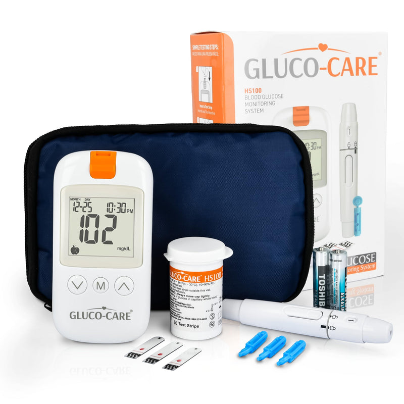 [Australia] - Gluco-Care Glucose Monitor Kit - Sleek White Design, Clear Display, Auto Calibration, Glucometer Kit with Strips and Lancets, 5 Sec Results, 500 Memory, Travel Case, 1 Lancing Device, Convenient Blood Surgar Testing for Diabetes 