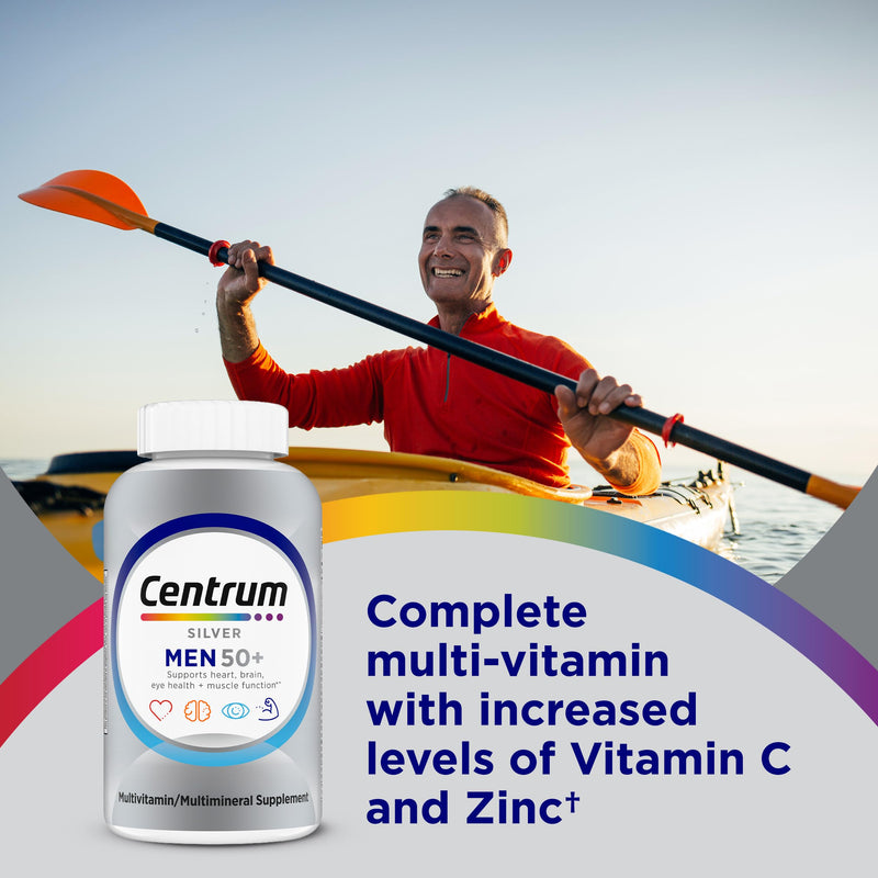 Centrum Silver Men's 50+ Multivitamin with Vitamin D3, B-Vitamins, Zinc for Memory and Cognition - 200 Tablets | Contains Vitamins D3, E, B6, and B12, Gluten Free, Non-GMO Ingredients, GLP-1 Support New 200 Count (Pack of 1)