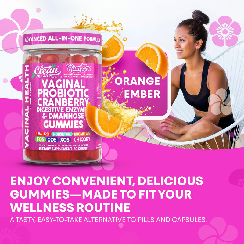 Clean Nutra Vaginal Probiotic Gummies for Women Cranberry Digestive Enzymes D Mannose Womens Probiotic Dmannose Horsetail Bromelain Chicory Fiber Feminine Care Prebiotics Inulin Papaya Enzyme Gummy