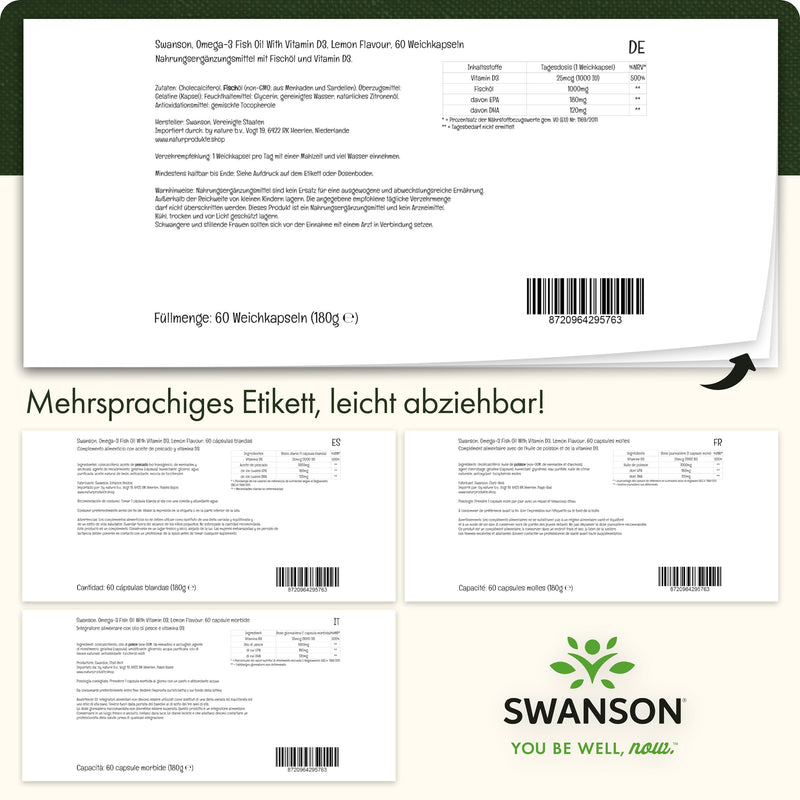 [Australia] - Swanson, Omega-3 Fish Oil With Vitamin D, 1000mg, lemon flavor, 60 soft capsules, laboratory tested, soy-free, gluten-free, non-GMO 
