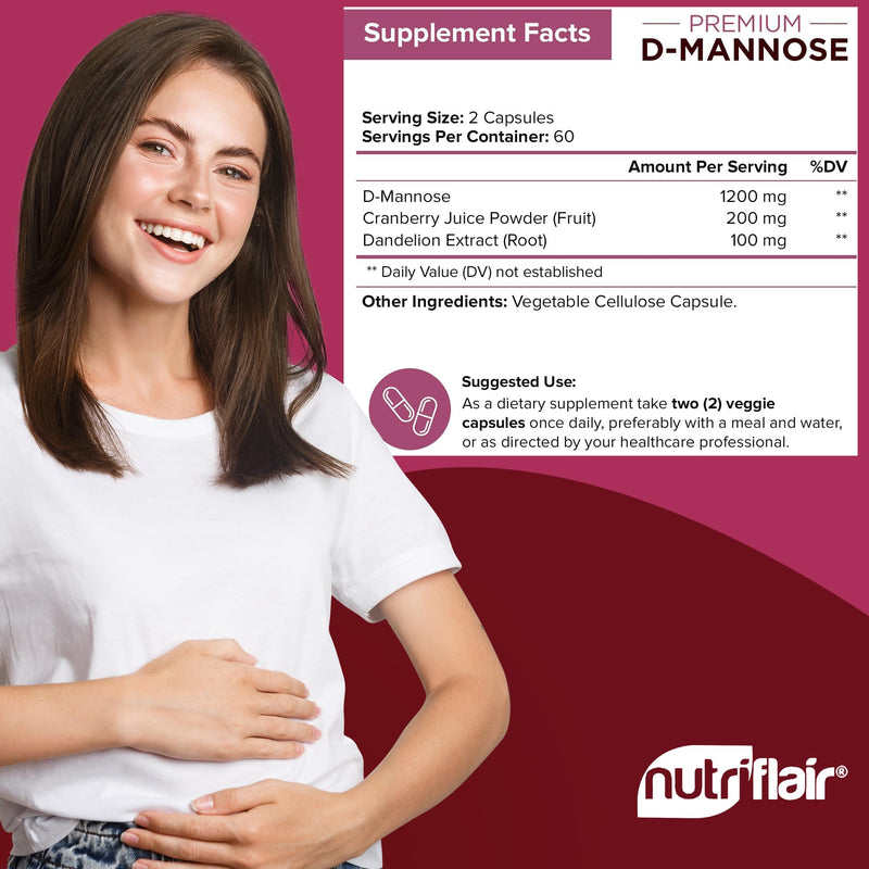 [Australia] - NutriFlair D-Mannose 1500mg, 120 Capsules - with Cranberry and Dandelion Extract - Natural Urinary Tract Health UTI Support - Best D Mannose Powder - Flush Impurities, Detox Body, for Women and Men 
