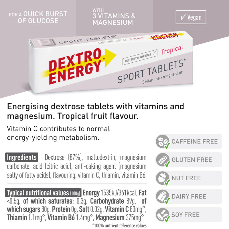 [Australia] - Dextro Energy Sport Tablets - Pack of 24 - With magnesium and vitamins (B1, B6, C) and energy booster with carbohydrates - Practically packaged and vegan 