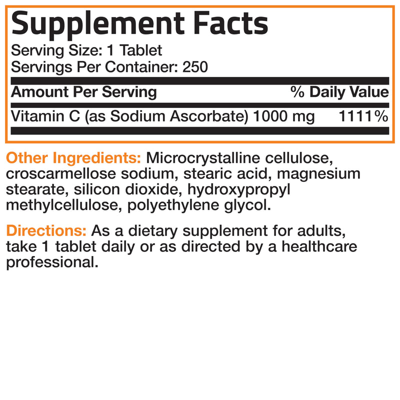 Bronson Non-Acidic Vitamin C 1000 mg as Sodium Ascorbate, 250 Tablets | Gentle on the Stomach, Immune, Antioxidant & Collagen Support, Non-GMO