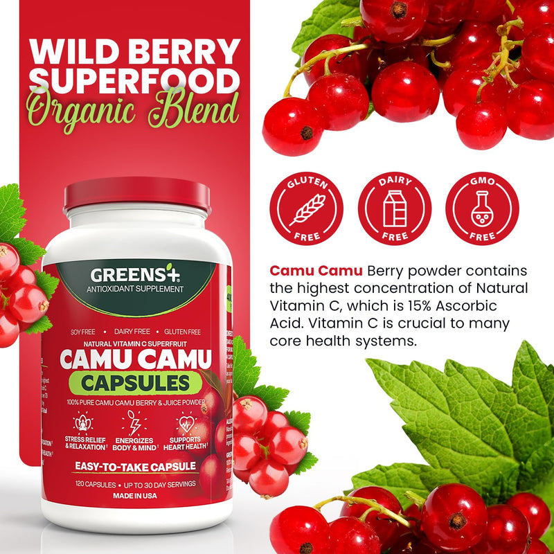 Greens+ SuperFruit Camu Berry Supplement Capsules | Antioxidant | 120 Count | Amazon Camu Camu Berry | Energy Boost Vitamins & Minerals | High ORAC Antioxidants, 400mg Natural Vitamin C Supplement
