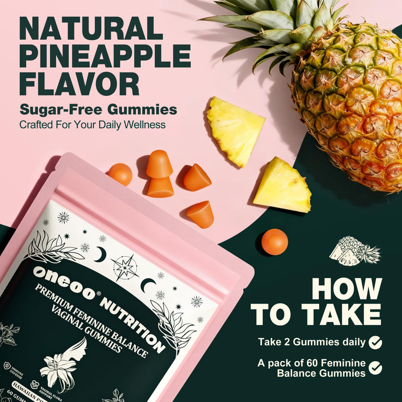 Feminine Balance Gummies - Premium Balance Gummies for Women's pH Health, Feminine Gummy for Immune & Energy Support, Vegan, Gluten-Free, Hawaiian Pineapple, 60 Count