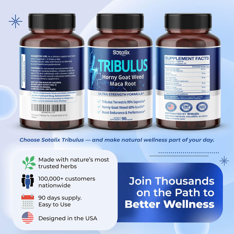 [Australia] - Premium Tribulus Terrestris - 95% Total Saponin Ultra Potency with Maca Root Tongkat Ali Ginseng - High Strength for Men Women - 90 Day Supply (90 Count (Pack of 1)) 