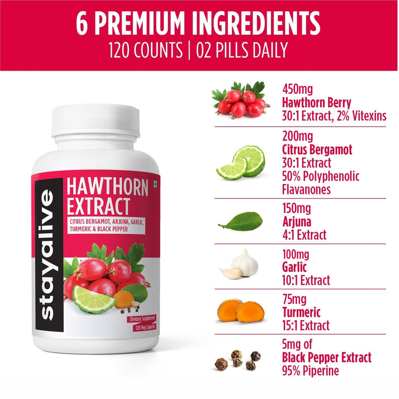 [Australia] - STAY ALIVE Extra Strength Hawthorn Berry Capsules, 20:1 Extract, 6-in-1 Antioxidant w/Citrus Bergamot, Turmeric Root Powder, Garlic, Arjuna & Black Pepper, 120 Vegan Pills, Hawthorne Berry Supplement 