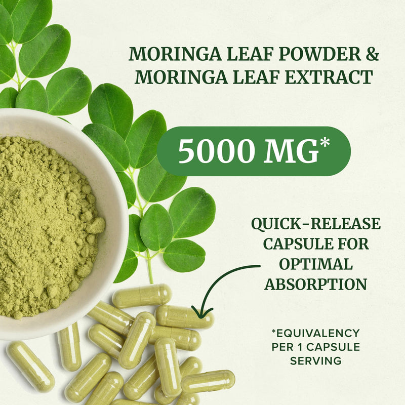 Moringa Capsules 5000mg, Antioxidant Superfood, Non-GMO, Third-Party Tested | Pure Moringa, Energy Immunity & Gut Health Support, Gluten-Free Vitamins & Minerals Supplement, 60 Capsules (2 Month Supply)