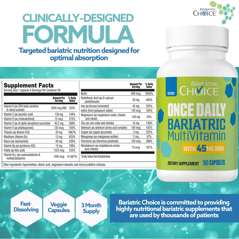 Bariatric Choice Once Daily Bariatric Multivitamin with Iron 45mg, 3 Months | 3-Mo Supply, Once Daily Easy-to-Swallow Capsule for Gastric Bypass & Sleeve Patients – High Potency Vitamins A, D, B12, More 1 Count (Pack of 90)