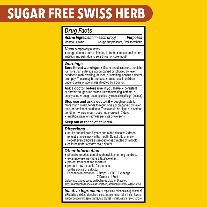 [Australia] - Ricola Sugar Free Swiss Herb Cough Drops, 45 Count, Cough Suppressant & Throat Relieving Drops with Naturally Sourced Menthol, Pleasing Taste for Coughs & Throat Irritation Symptom Relief 