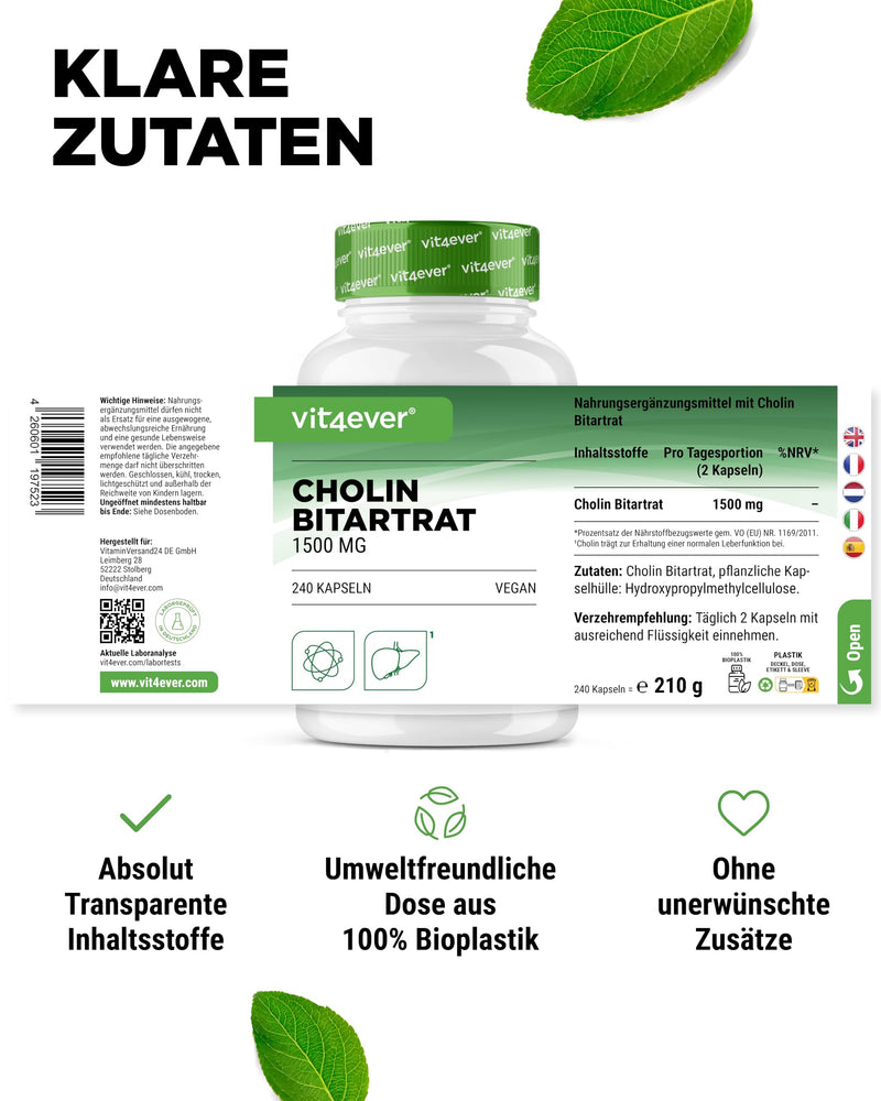 [Australia] - Pure choline capsules - 240 capsules with 750 mg choline bitartrate - 4 month supply - liver, homocysteine & fat metabolism - active choline - natural - high dose - vegan 
