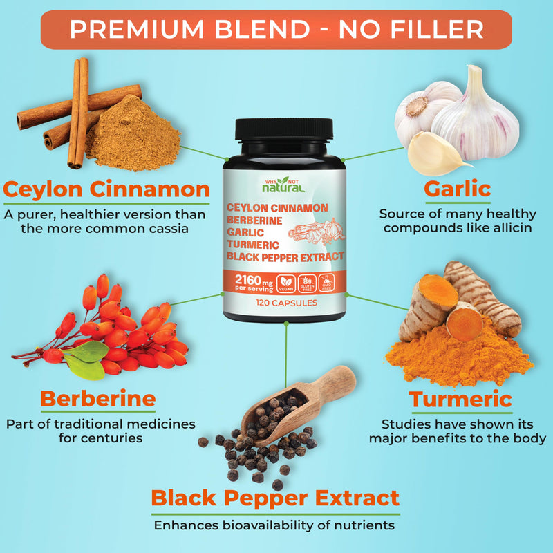 [Australia] - 5-in-1 Organic Ceylon Cinnamon Capsules with Berberine, Garlic, Turmeric, Black Pepper Extract Pills (120 Capsules) 120 Count (Pack of 1) 