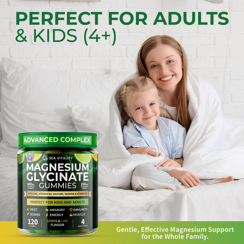 Magnesium Glycinate Gummies for Kids & Adults - High Strength Magnesium Glycinate 400mg with Malate, Zinc, D3, B6 & Taurine – Lemon & Lime Flavours – Sleep, Focus & Relaxation – 120 Chews Lemon Lime 120 count (Pack of 1)
