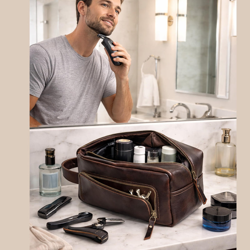 Men's Toiletry Bag Leather Travel Toiletry Bag Dopp Kit for Men Shaving Bag for Travel Accessories 101 YEAR QUALITY REPLACEMENT WARRENTY Dark Chocolate Brown
