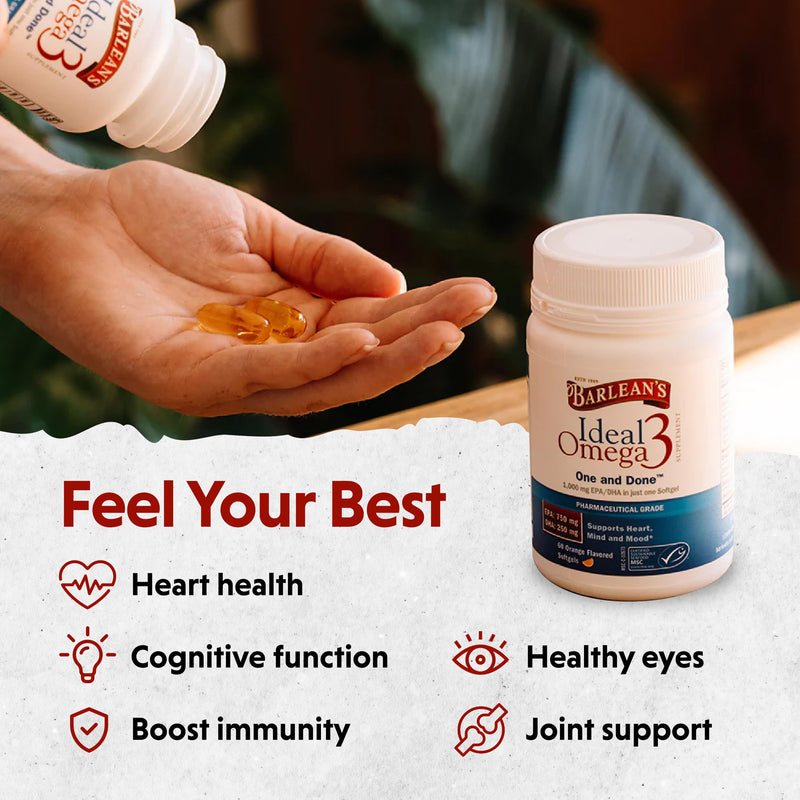 Barlean's Ideal Omega 3 Fish Oil Supplement, 1,000 mg Softgels, Pharmaceutical Grade EPA & DHA for Brain, Joint, & Heart Health, Orange Flavor, 60 ct | Wild-caught fish oil, EPA DHA omega-3, 1 softgel daily, Burpless, Non-GMO, Gluten-free, Heart, brain...