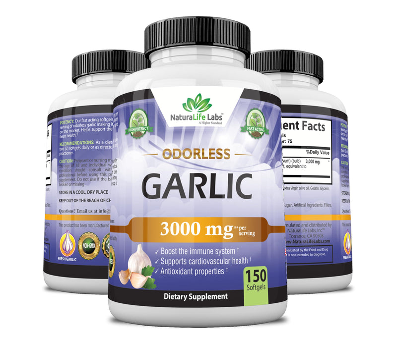 [Australia] - Odorless Pure Garlic 3000 mg per Serving Maximum Strength 150 Soft gels Promotes Healthy Cholesterol Levels Immune System Support 