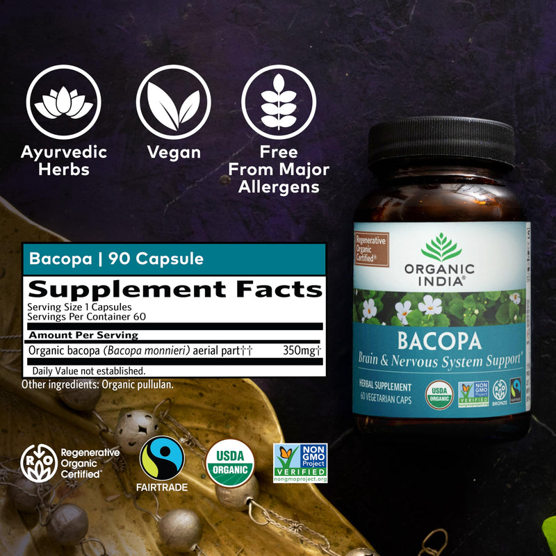 [Australia] - ORGANIC INDIA Bacopa Supplement - Bacopa Monnieri Organic, Brain, Focus, & Memory Support for Women & Men, Ayurvedic Herbs, Non GMO, Fairtrade Certified - 60 Vegan Capsules 