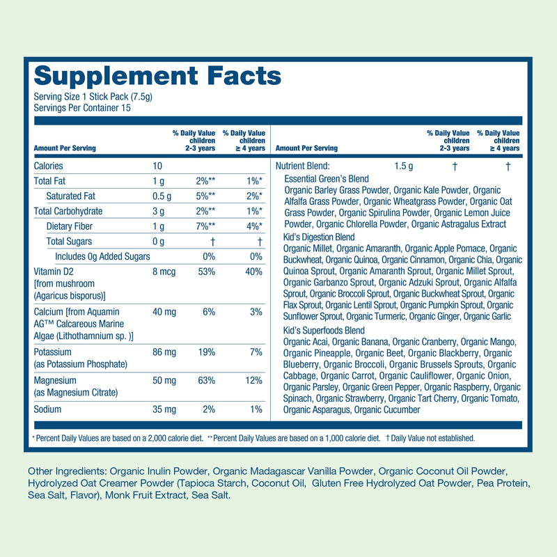 HIYA Kids Greens Powder Sticks, Greens Superfood Powder for Kids, Vanilla | 55+ Whole-Food Sourced Ingredients & Delicious Flavor, 0g Sugar, Third-Party Tested, for Children Ages 2+