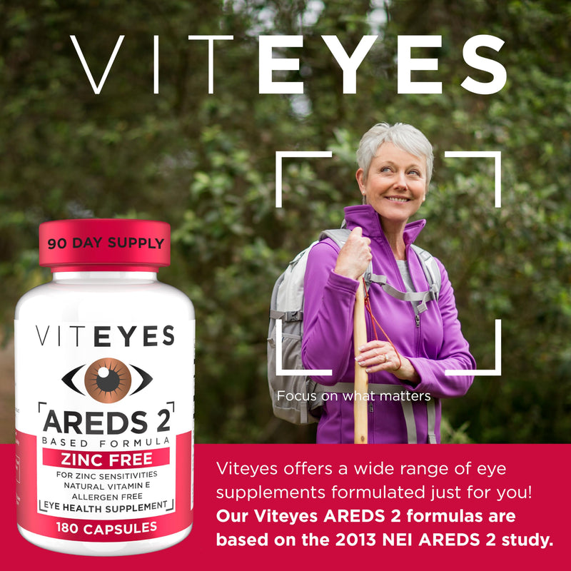 Viteyes AREDS 2 Zinc Free Macular Support, Natural Allergen Free Capsules with Vitamin E, Vitamin C, Lutein & Zeaxanthin, No Zinc, No Copper, Eye Doctor Trusted, Manufactured in the USA, 180 Ct 180 Count (Pack of 1)