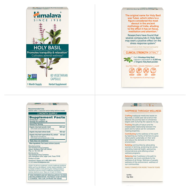 [Australia] - Himalaya Holy Basil Tulsi Herbal Supplement, Stress Relief, Relaxation, Occasional Sleeplessness, Promotes Calm, Energy Support, Ayurvedic, Non-GMO, Vegan, 720 mg, 60 Capsules, 30 Day Supply 60 Count (Pack of 1) 