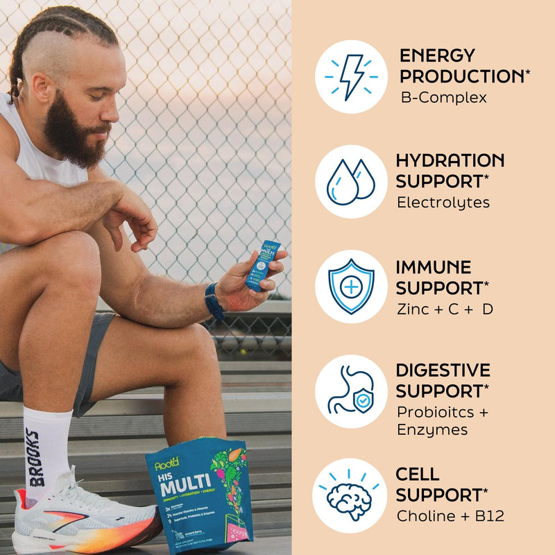 Root'd Men Multivitamin Powder with 3X Electrolytes - 24 Vitamins & Minerals, 3X Electrolytes, 9 Organic Superfoods, Probiotics & Enzymes, Sugar-Free Multivitamin & Hydration | 30 Sachets His