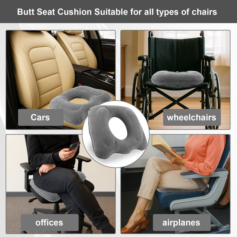 2 Pack Inflatable Donut Pillow, Portable Hemorrhoid Pillows for Sitting, Seat Donut Cushions for Pressure Relief, Butt Cushion for Tailbone Pain for Home, Office or Car (Gray)