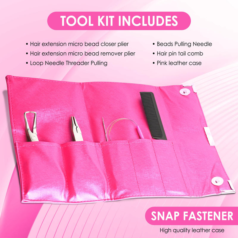[Australia] - Beauty & Crafts Hair Extension Tools- Stainless Steel Pliers Set for Micro Beads- 1 Crochet Needle 1 Pulling Hook with Tail Comb- Micro Links Tool Kit with Leather Pouch- (Pink) Pink 