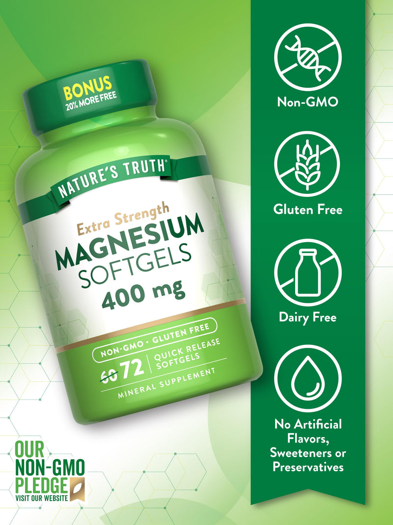 Nature's Truth Magnesium | 400mg | 72 Softgels | Value Size | Extra Strength | from Magnesium Oxide | Non-GMO and Gluten Free Supplement 72 Count (Pack of 1)